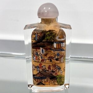 Antique Chinese Reverse Painted Glass Village Scene Bottle 3”